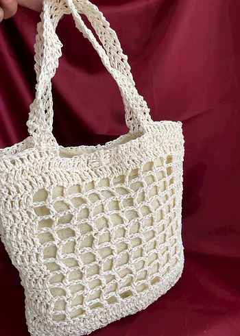 Dantel Detaylı Beyaz Kağıt İp Kadın Çanta - Görsel 2