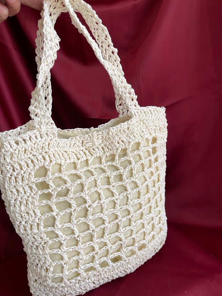 Dantel Detaylı Beyaz Kağıt İp Kadın Çanta - Görsel 2