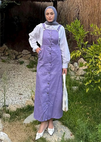 Düğmeli Mor Uzun Kadın Elbise salopet