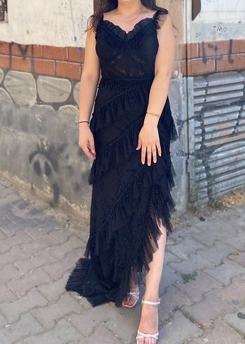 Siyah Drapeli Straplez Uzun Abiye Elbise
