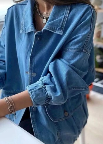 l Beden Kadın Açık Mavi Düğmeli Denim Ceket