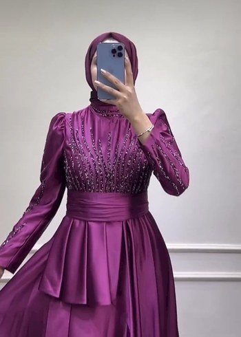 Mor Uzun Kollu Drapeli Abiye Elbise - Görsel 4