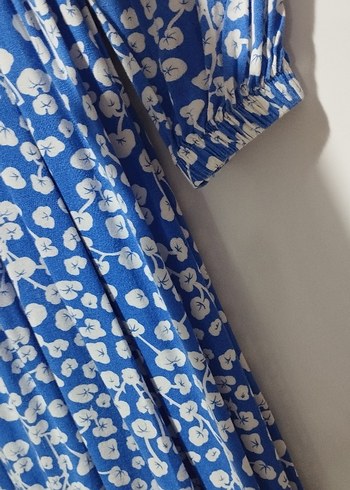 Mavi Çiçekli Pamuklu Uzun Kollu Bohem Elbise - Görsel 3