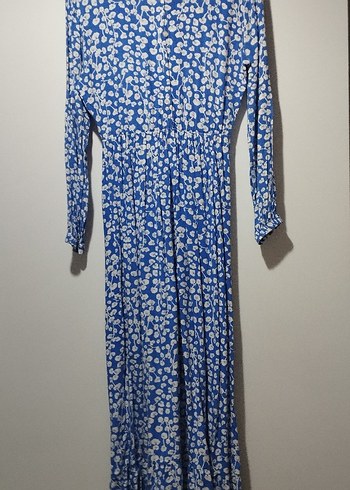 Mavi Çiçekli Pamuklu Uzun Kollu Bohem Elbise - Görsel 2