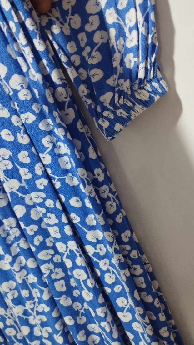 Mavi Çiçekli Pamuklu Uzun Kollu Bohem Elbise - Görsel 3