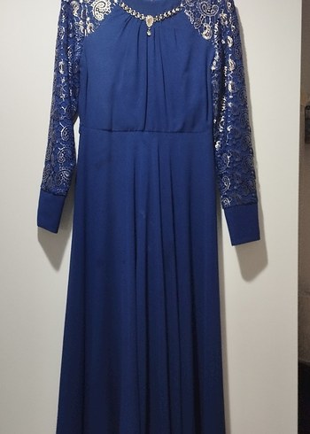 Zincir Detaylı Uzun Kollu Mavi Abiye Elbise - Görsel 2