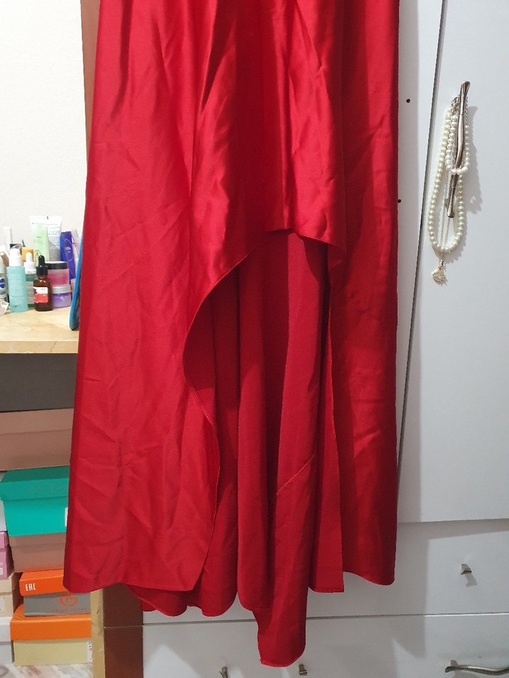 Drapeli Kırmızı Uzun Abiye Elbise - Görsel 2