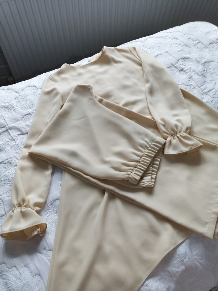 Bej Uzun Kollu Drapeli alt üst tunik takım - Görsel 2