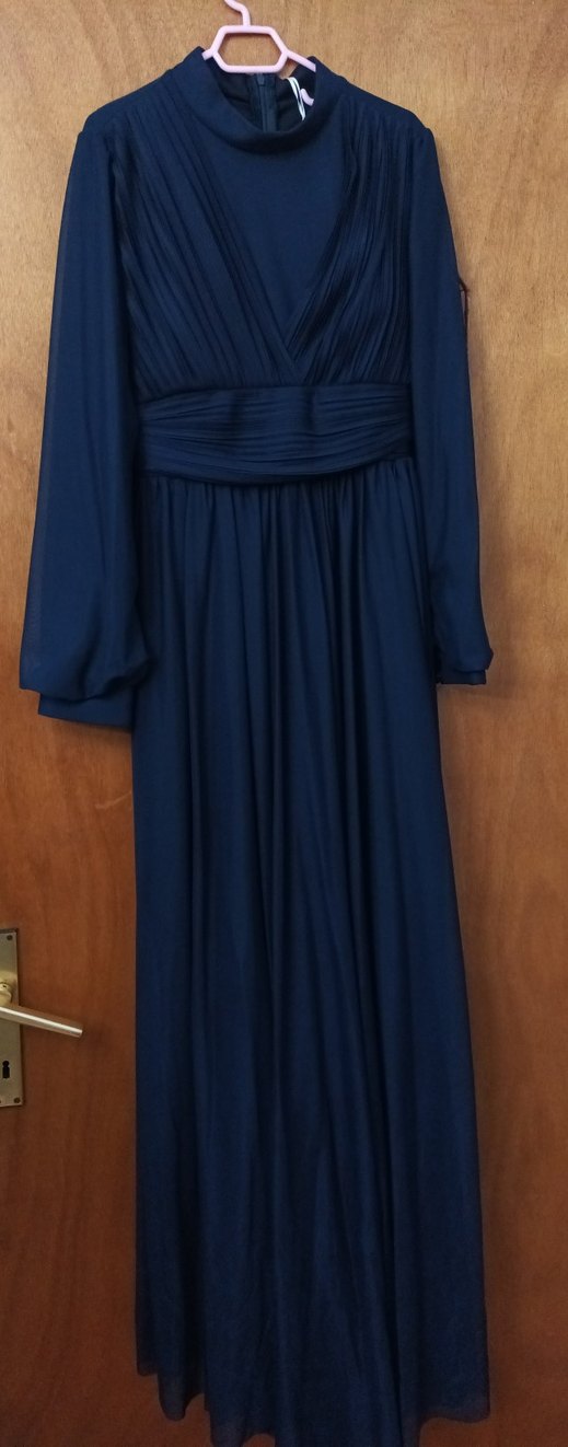 Hiç giyilmemiş etiketi üzerinde Uzun Kollu lacivert pileli Abiye - Görsel 3