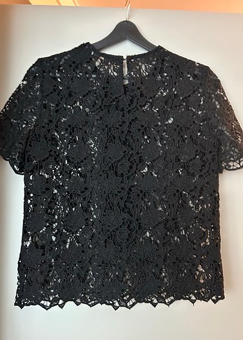Zara Dantel İşlemeli Siyah Kısa Kollu Bluz - Görsel 3