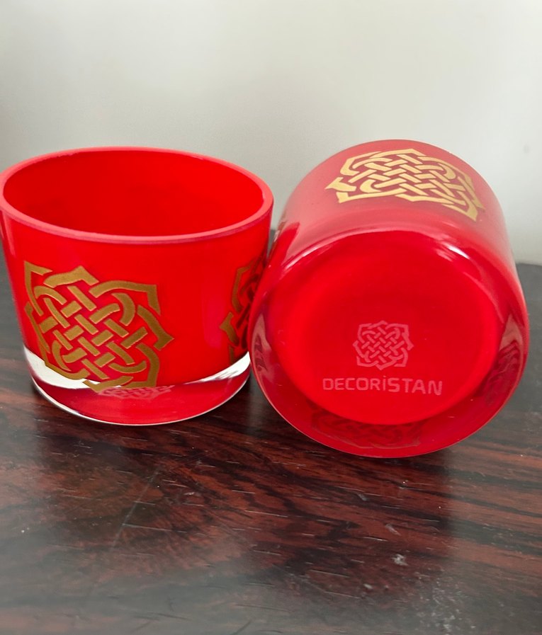 Dekoristan Kırmızı Altın Sırlı Cam 2 li Set Mumluk - Görsel 4