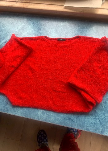 Kırmızı Kadın Salaş Örgü Kazak - Görsel 3