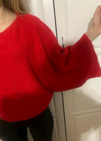 Kırmızı Kadın Salaş Örgü Kazak - Görsel 2