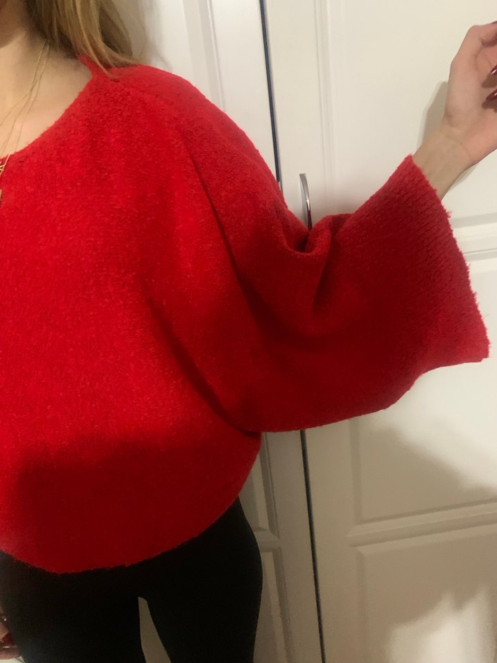 Kırmızı Kadın Salaş Örgü Kazak - Görsel 2