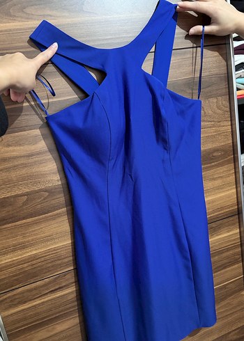 Parlak Mavi, V Yakalı, Yırtmaçlı Midi Elbise 40 beden - Görsel 2