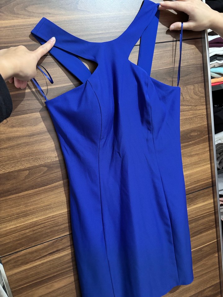 Parlak Mavi, V Yakalı, Yırtmaçlı Midi Elbise 40 beden - Görsel 2