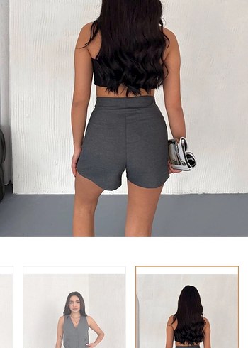 Düğmeli Gri Mini Etek yelek takım - Görsel 3