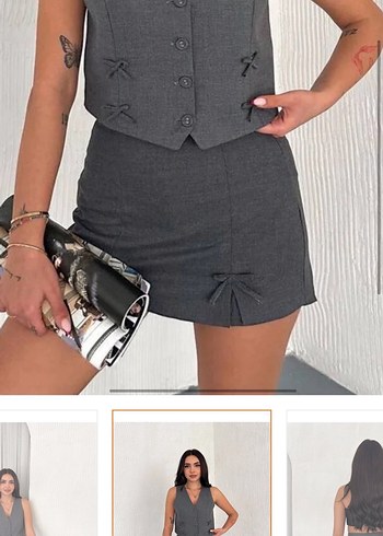 Düğmeli Gri Mini Etek yelek takım - Görsel 2