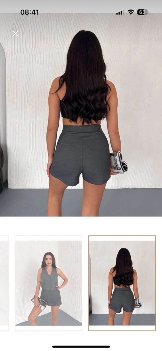 Düğmeli Gri Mini Etek yelek takım - Görsel 3