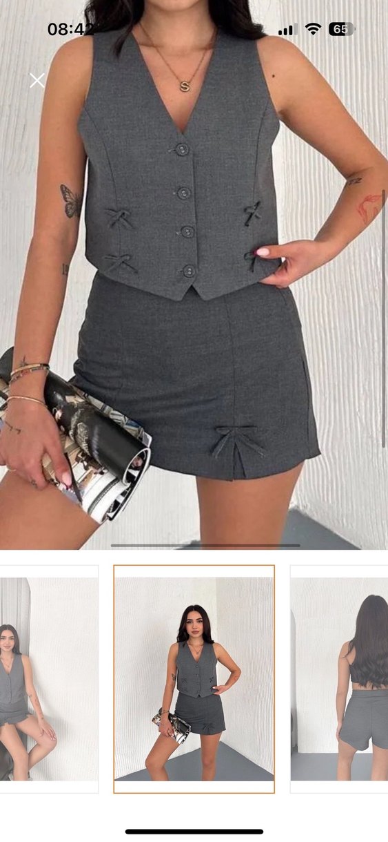 Düğmeli Gri Mini Etek yelek takım - Görsel 2