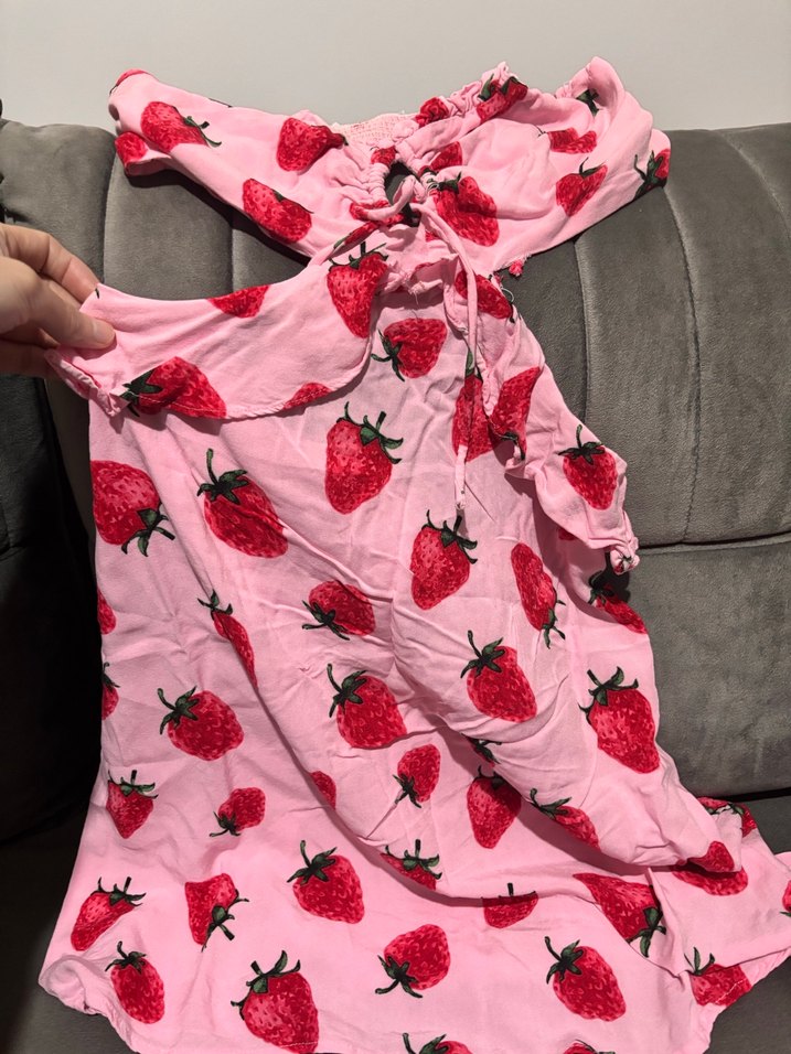 Anime Çilek Desenli Pembe İp Askılı Mini elbise - Görsel 3