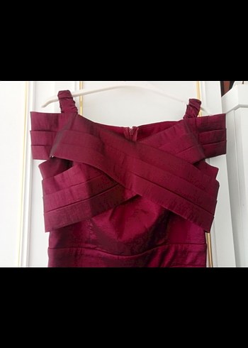 Bordo Drapeli Midi Abiye Elbise - Görsel 2