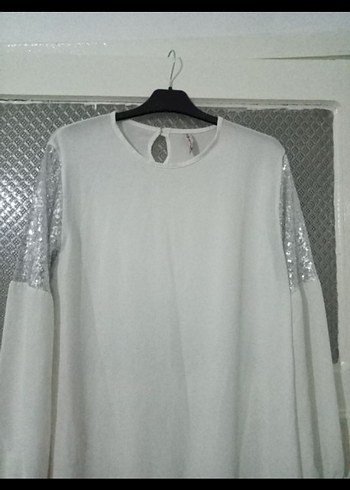 Uzun Kollu Beyaz Payetli Salaş Tunik - Görsel 3