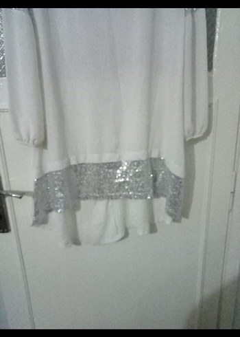 Uzun Kollu Beyaz Payetli Salaş Tunik - Görsel 2