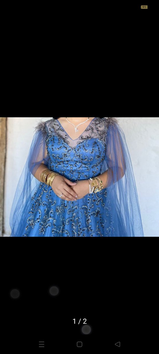 Uzun Mavi İşlemeli Abiye Elbise - Görsel 2