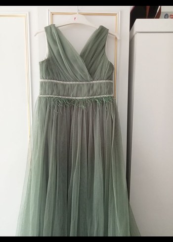 V Yaka Drapeli Uzun Yeşil Abiye Elbise - Görsel 2