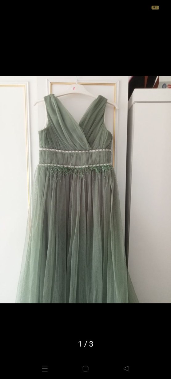 V Yaka Drapeli Uzun Yeşil Abiye Elbise - Görsel 2