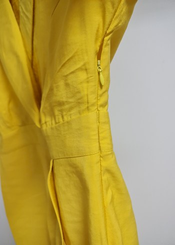 Sarı Kısa Kollu Midi Keten Elbise - Görsel 4