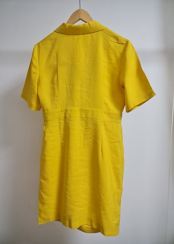 Sarı Kısa Kollu Midi Keten Elbise - Görsel 5