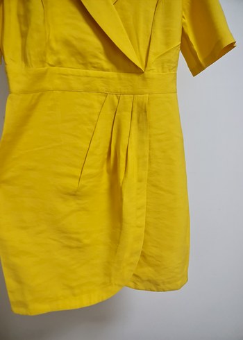 Sarı Kısa Kollu Midi Keten Elbise - Görsel 2