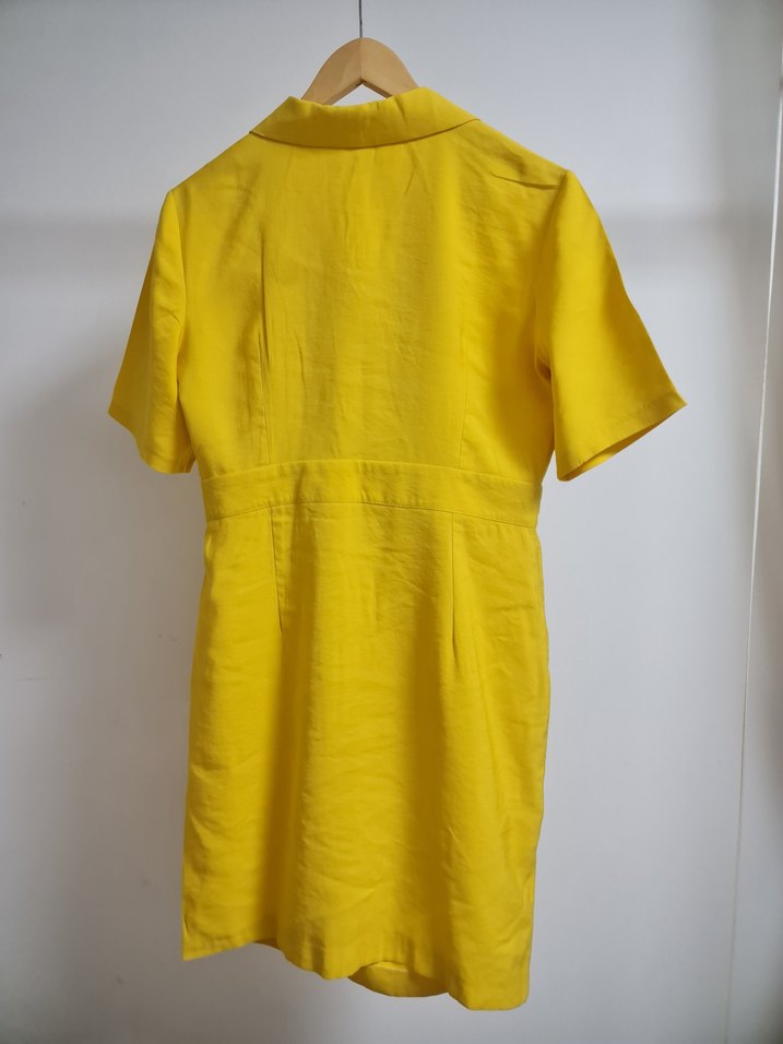 Sarı Kısa Kollu Midi Keten Elbise - Görsel 5