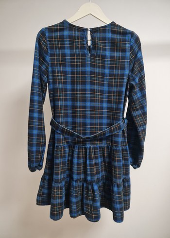 Mavi Ekoseli Kemerli Midi Elbise - Görsel 2