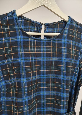 Mavi Ekoseli Kemerli Midi Elbise - Görsel 3