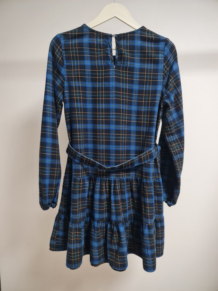 Mavi Ekoseli Kemerli Midi Elbise - Görsel 2