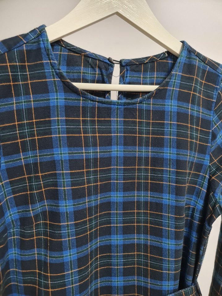 Mavi Ekoseli Kemerli Midi Elbise - Görsel 3