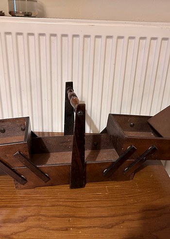 Vintage Koyu Kahverengi Ahşap Dikiş kutusu - Görsel 3