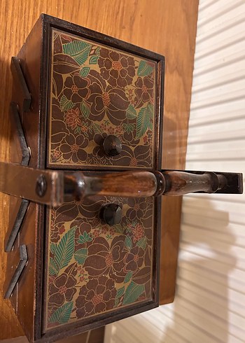 Vintage Koyu Kahverengi Ahşap Dikiş kutusu - Görsel 8