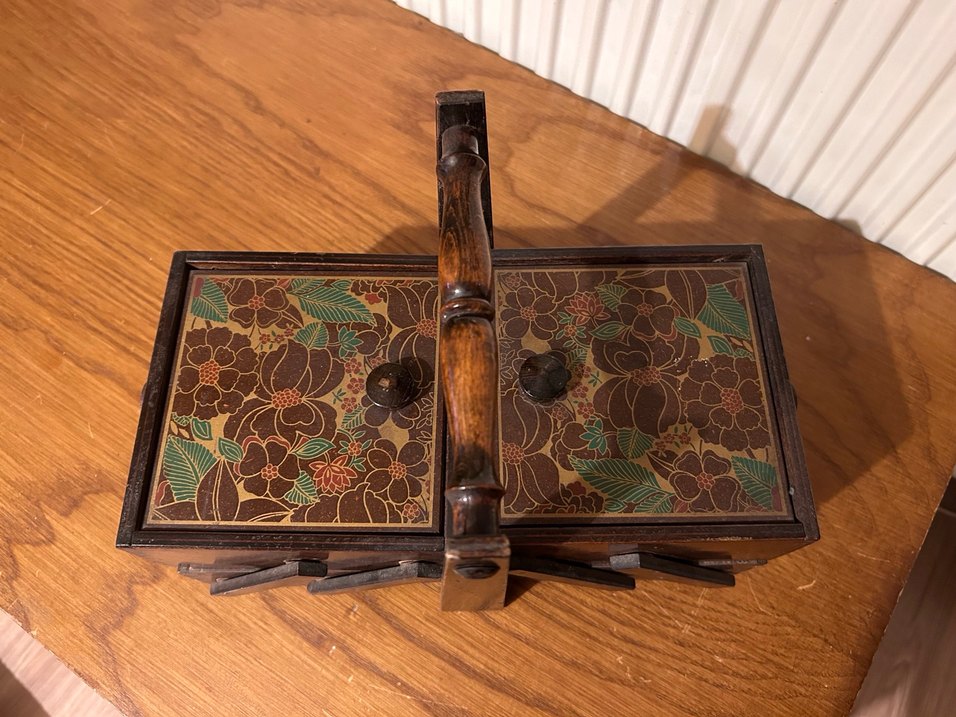 Vintage Koyu Kahverengi Ahşap Dikiş kutusu - Görsel 2