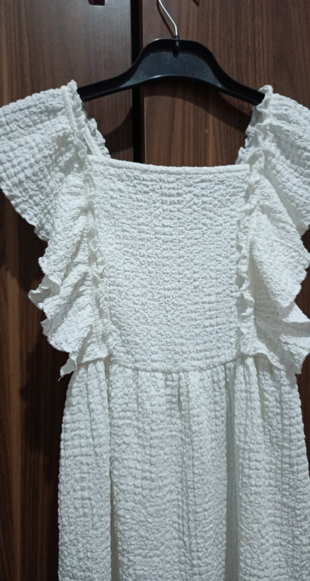 Kız Çocuk Beyaz Fırfırlı Keten Elbise - Görsel 2