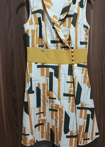 Çok Renkli V Yaka Kemerli Uzun Elbise - Görsel 2