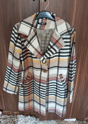 Düğmeli Uzun Kadın Kaban - Ekose Desenli - Görsel 2