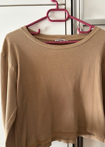 Bej Süet Kadın Uzun Kollu crop tişört - Görsel 3