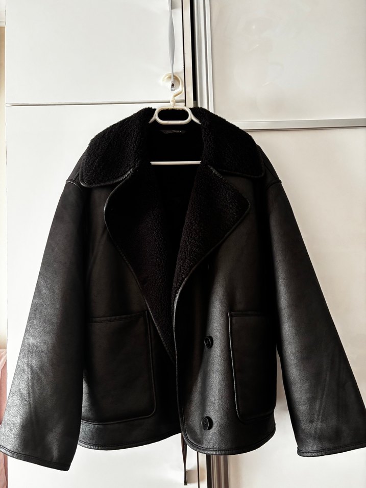Siyah Kadın Deri Kürklü Midi Ceket - Görsel 3