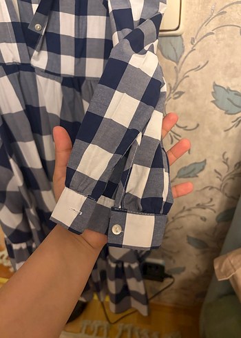 Uzun Kollu Düğmeli Mavi Ekose Midi Elbise - Görsel 3