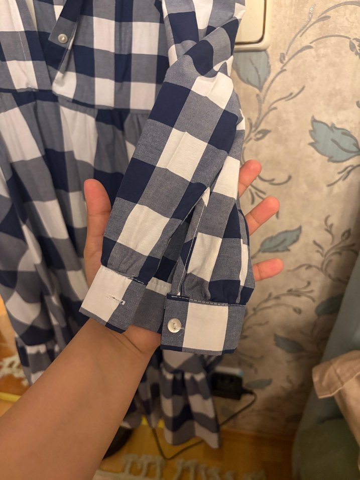 Uzun Kollu Düğmeli Mavi Ekose Midi Elbise - Görsel 3