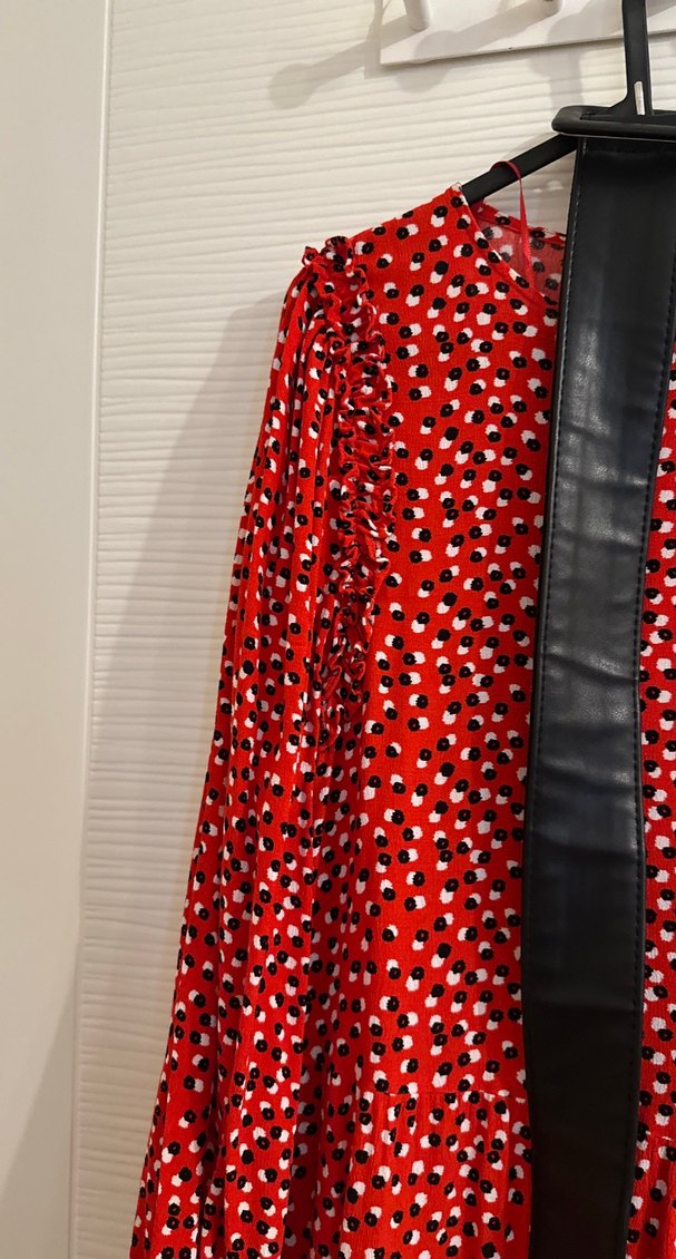 Kırmızı Bağlamalı Uzun midi boy elbise - Görsel 2